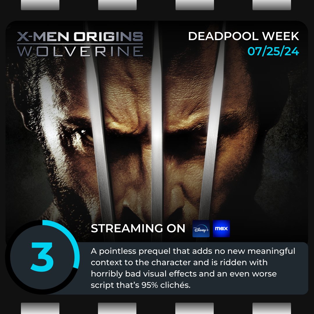 ThePoppinPod's tweet photo. With #DeadpoolandWolverine opening in theaters tomorrow, we revisit the bottom of the franchise with X-Men Origins: Wolverine on #DisneyPlus &amp; #Max

Review: 3/10
A lazy script, ugly visual effects, and a story that lacks any character arcs, this is a total mess in every aspect. https://t.co/dvM3GjfOP9