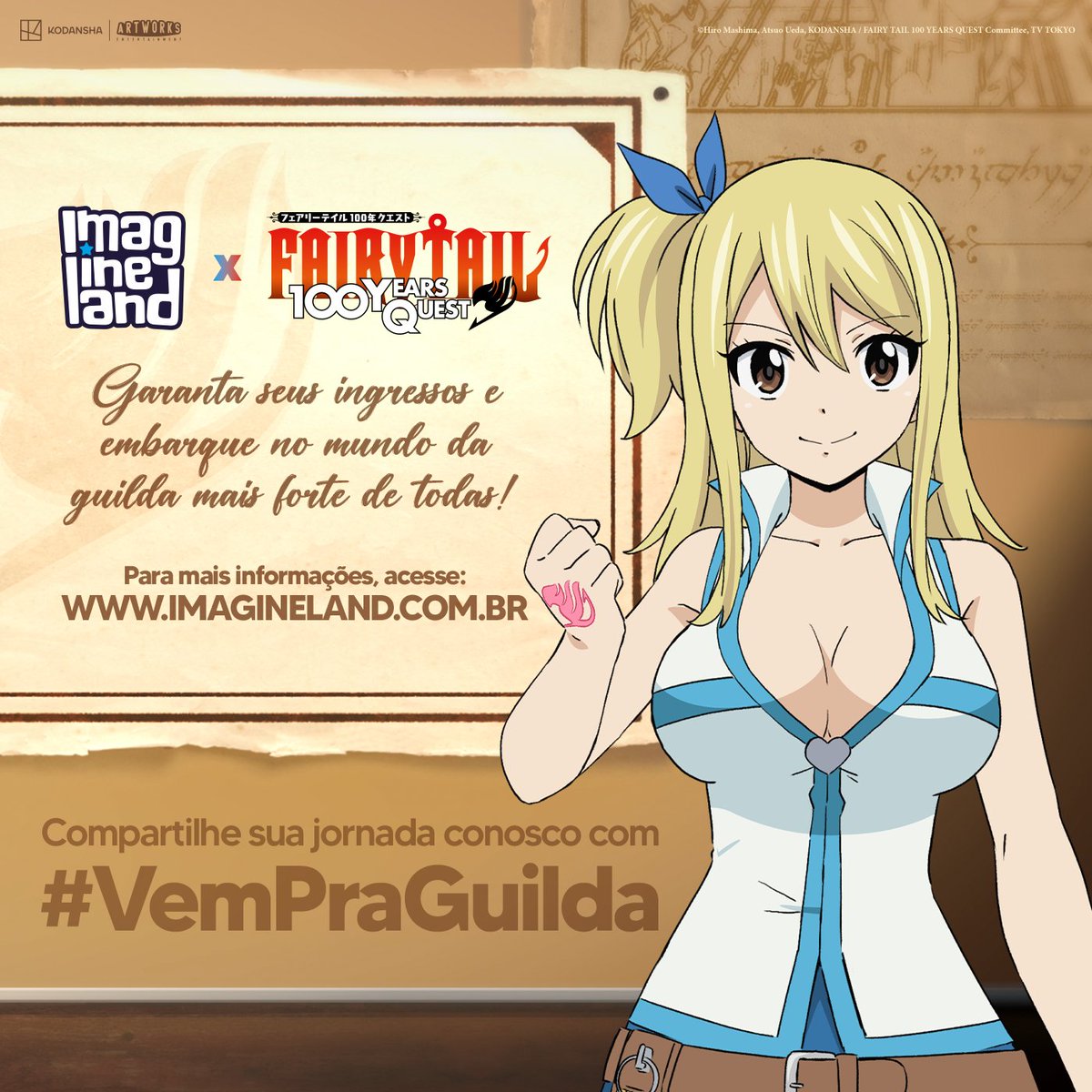 fairytailbra's tweet photo. Pela primeira vez no Brasil, FAIRY TAIL 100 YEARS QUEST desembarca no @Imaginelandbr 🔥 

No evento, os fãs da guilda poderão visitar o photopoint e adquirir produtos oficiais focados na “Missão dos 100 Anos”. Todos que adquirirem um produto em nossa loja, receberão um postal de brinde da série!

Compartilhem suas fotos com a gente usando #VemPraGuilda ou marcando @fairytail_tv_br! Este é só o começo da nossa jornada 👀

Garantam seus ingressos para o Imagineland 👉 https://t.co/w6cY7T3PD5   

#FairyTailLATAM #FT100YQ #Imagineland