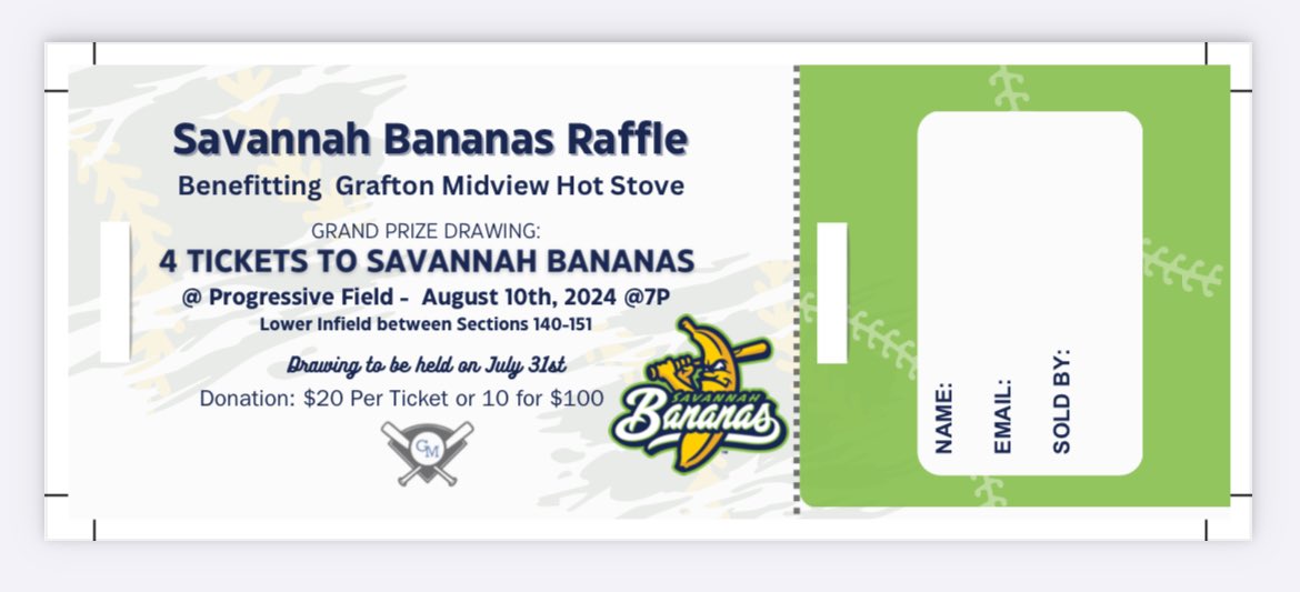 Grafton Midview Hot Stove is running a cool fundraiser this month for four tickets to the Savannah Bananas. The game is August 10, 2024 at Progressive Fields.

Cost is $20 or 10 for $100. 
Click here to participate: 
form.123formbuilder.com/6696756/savann…