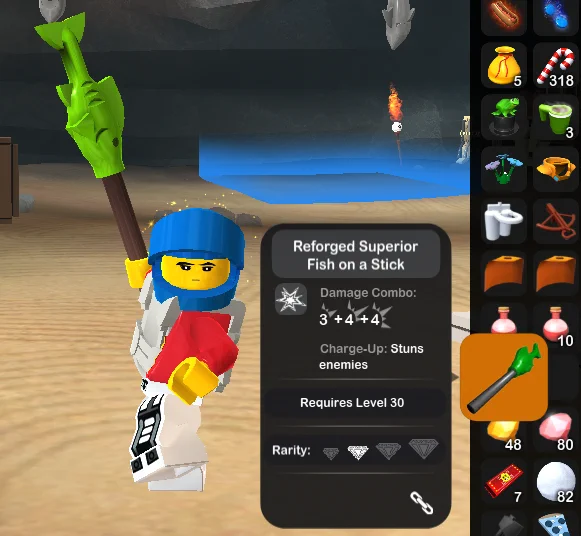 A player holding a Reforged Superior Fish on a Stick