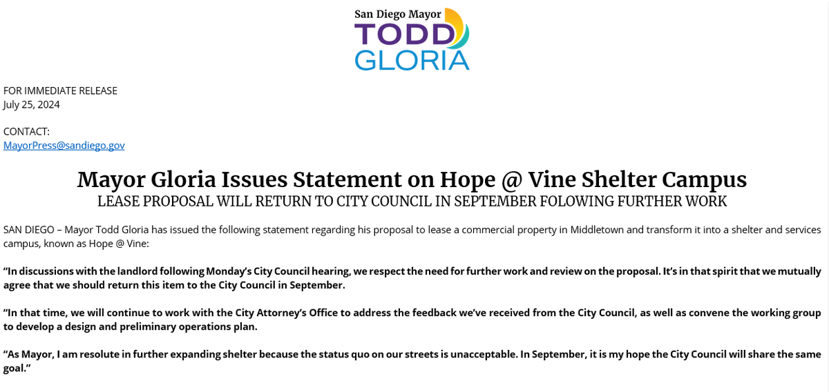 LisaHalverstadt's tweet photo. Mega-shelter update: Mayor @ToddGloria just announced that the proposed Hope @ Vine lease won't be heard at @SDCityCouncil next week. His team is now planning to present a revised lease to the City Council in September. https://t.co/bI7qRhRNSf