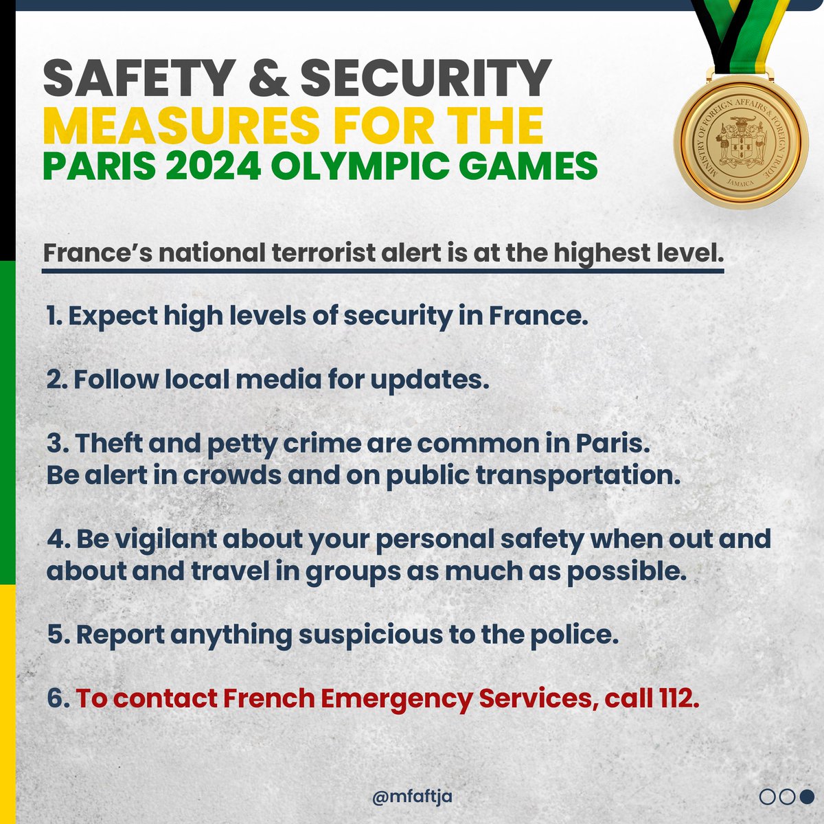AndrewHolnessJM's tweet photo. As our athletes and patrons gear up for the Olympics in Paris, here are some essential tips to ensure a fantastic experience.
Best wishes to our athletes! 🇯🇲
#TeamJamaica #Paris2024 #Olympics #MFAFT https://t.co/I4aUvqJQSk