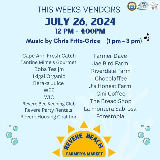 Revere311's tweet photo. Mayor @MayorKeefeJr  invites you to join the first day of the Revere Beach Farmer's Market. Here is the list of the great vendors who will be part of the #FarmersMarket. We look forward to seeing you. #mapoli https://t.co/WDhLwwrt3B