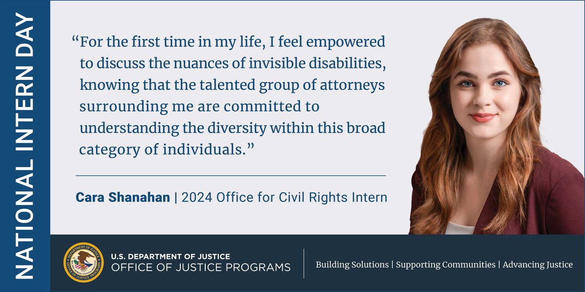 OJPgov's tweet photo. At 8 years-old in a children’s hospital, Cara Shanahan was told she had an invisible disease. Her struggles for accommodation from doubtful teachers and employers would one day propel her to an internship at OJP Office for Civil Rights. #NationalInternDay https://t.co/dSwmFEs0RO https://t.co/OvN40yCAnM