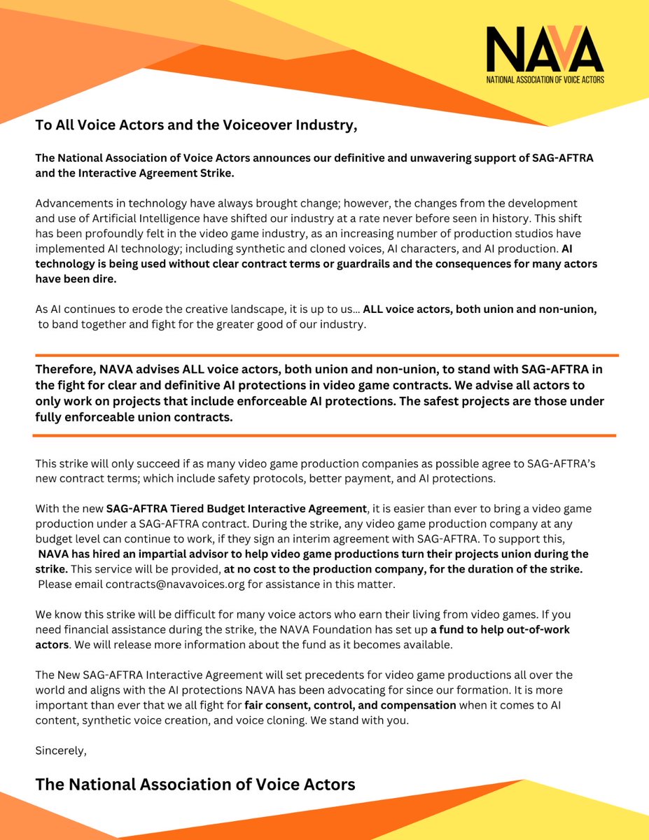 NAVA is declaring our definitive and unwavering support of SAG-AFTRA and the Interactive Agreement Strike. It is more important than ever to fight for AI protections; we hope you will stand with voice actors in calling for fair consent, control, and compensation in video games.