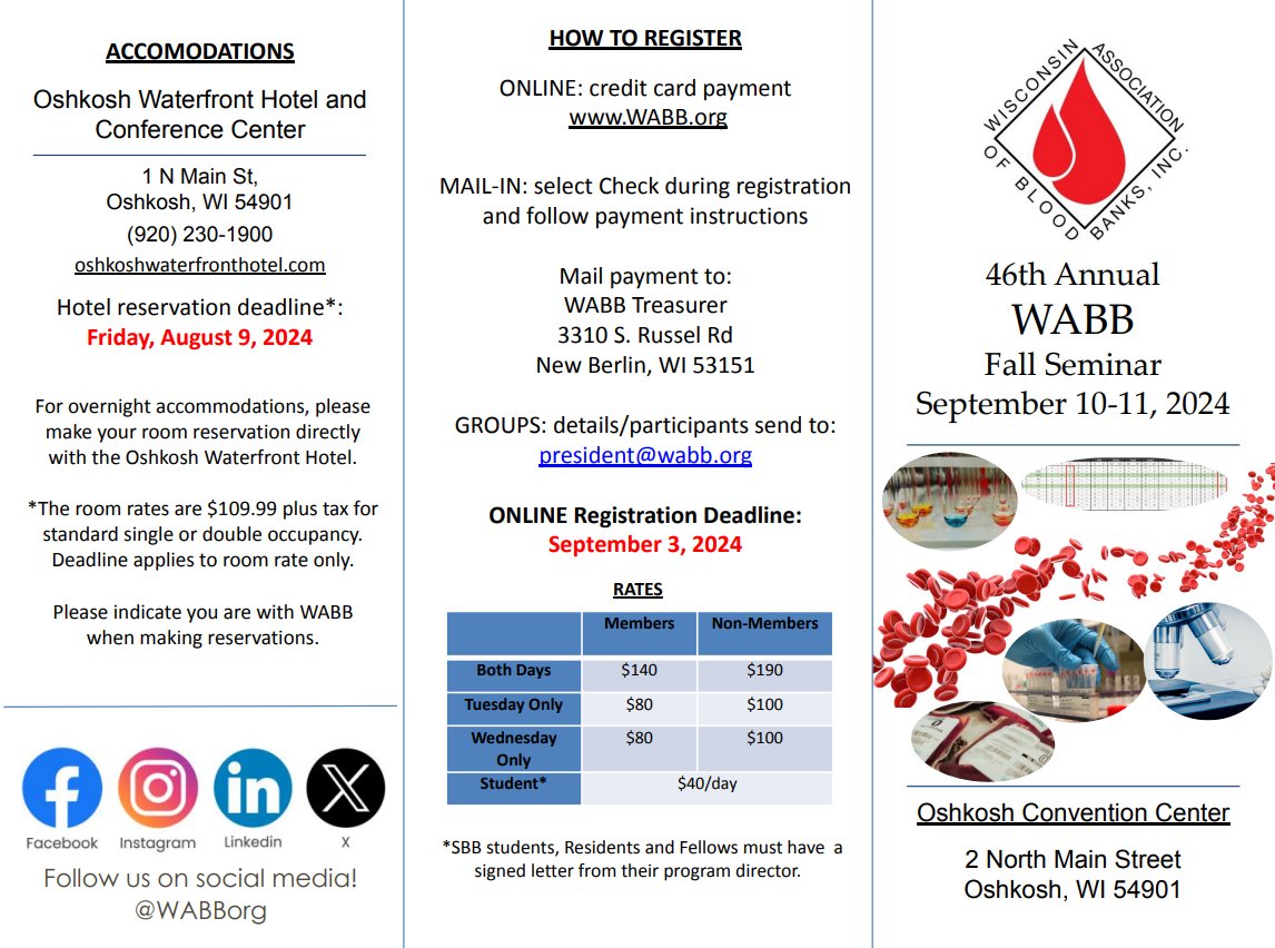See the full lineup for the WABB 46th Annual Fall Seminar. Can't wait to see all the blood bankers (other laboratory scientists are welcome, of course--the more, the merrier)!
wabb.org