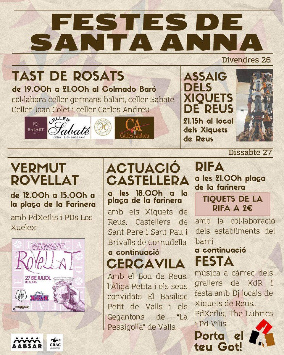 Ja tenim aquí el programa de les festes del Barri de Santa Anna!
Ens veiem divendres a assaig, dissabte a la tarda a la Farinera amb els <a href="/brivalls/">Brivalls de Cornudella</a> i <a href="/CCSPISP/">CC Sant Pere i Sant Pau</a>.
Tancarem les festes amb un Ball de Gralles dels nostres grallers i una batalla de PDs de la colla!

#castells