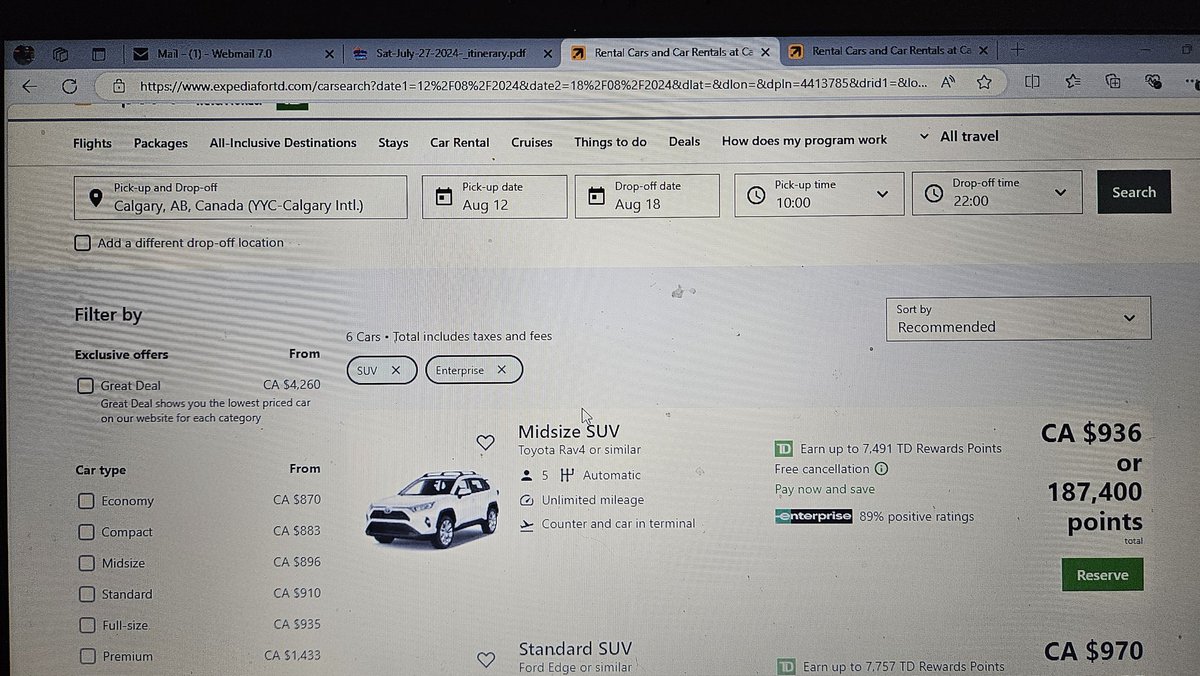 Hey <a href="/TD_Canada/">TD (Canada)</a> , why when I am looking to take advantage of my TD Visa First class travel card through the TD for Expedia system, are the prices for car rental higher than the standard <a href="/Expedia/">Expedia</a> website? So much for perks to the <a href="/VisaCA/">Visa Canada</a> travel card.