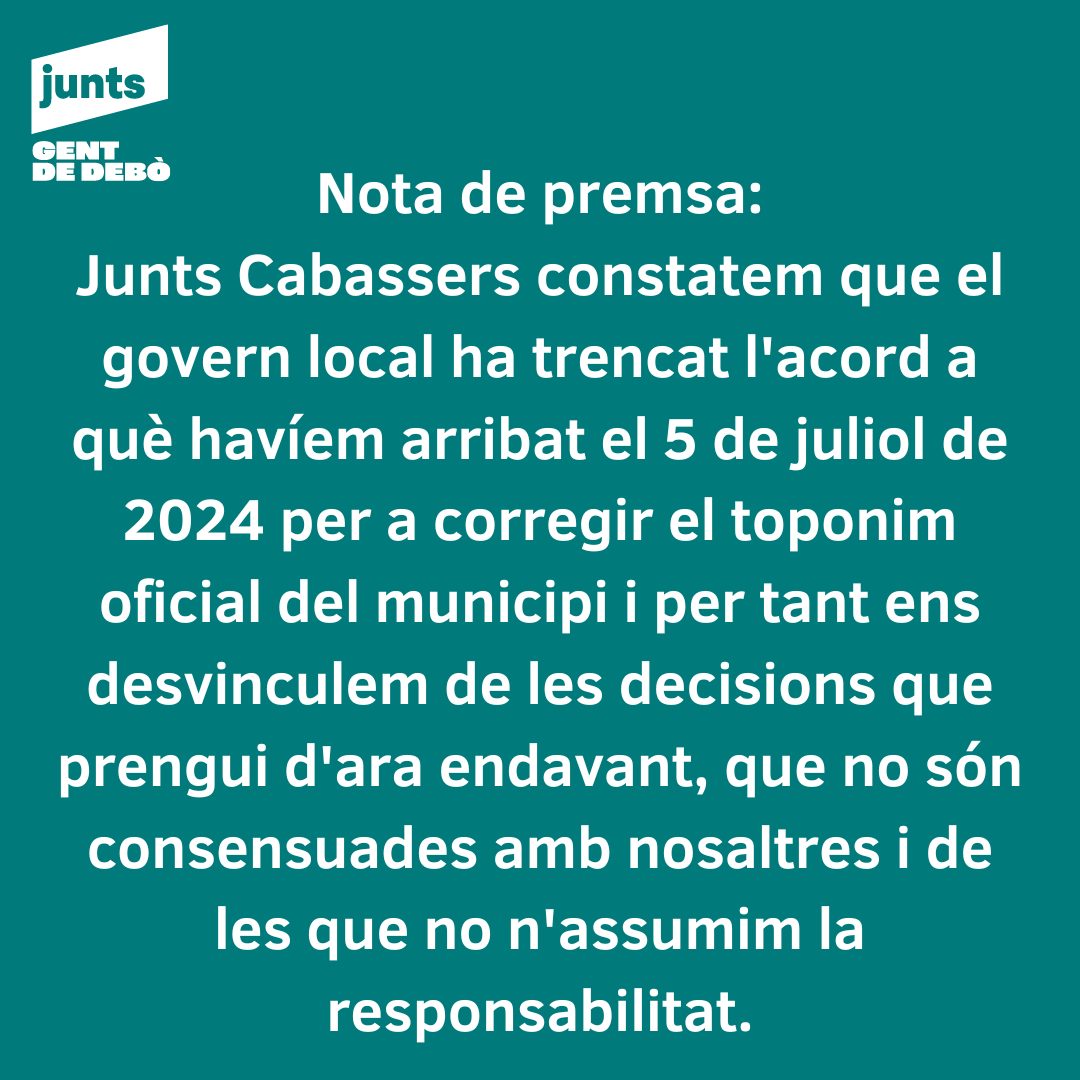 Constatem que el govern d’ERC de l’Ajuntament de Cabassers ha trencat el consens per a corregir el topònim oficial del municipi i ens desvinculem de les decisions que prengui.
➡️cabassers.net/2024/07/25/con…