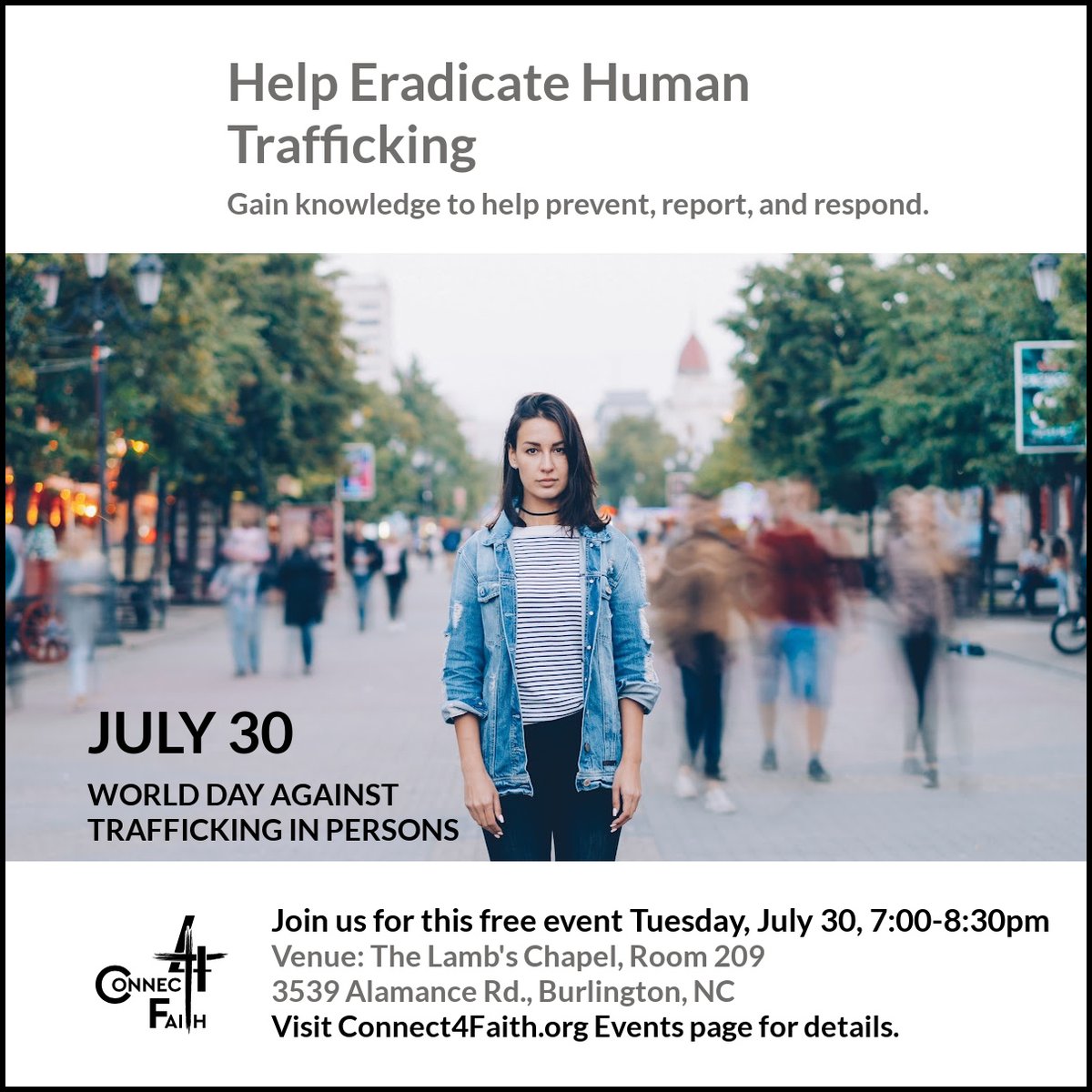 If you're in the area, join us! If not, what can you do to keep learning about sexual abuse to better prevent, recognize, respond, and support victims and survivors? July 30 is "World Day Against Trafficking in Persons." Let's choose to stand against trafficking EVERYday.