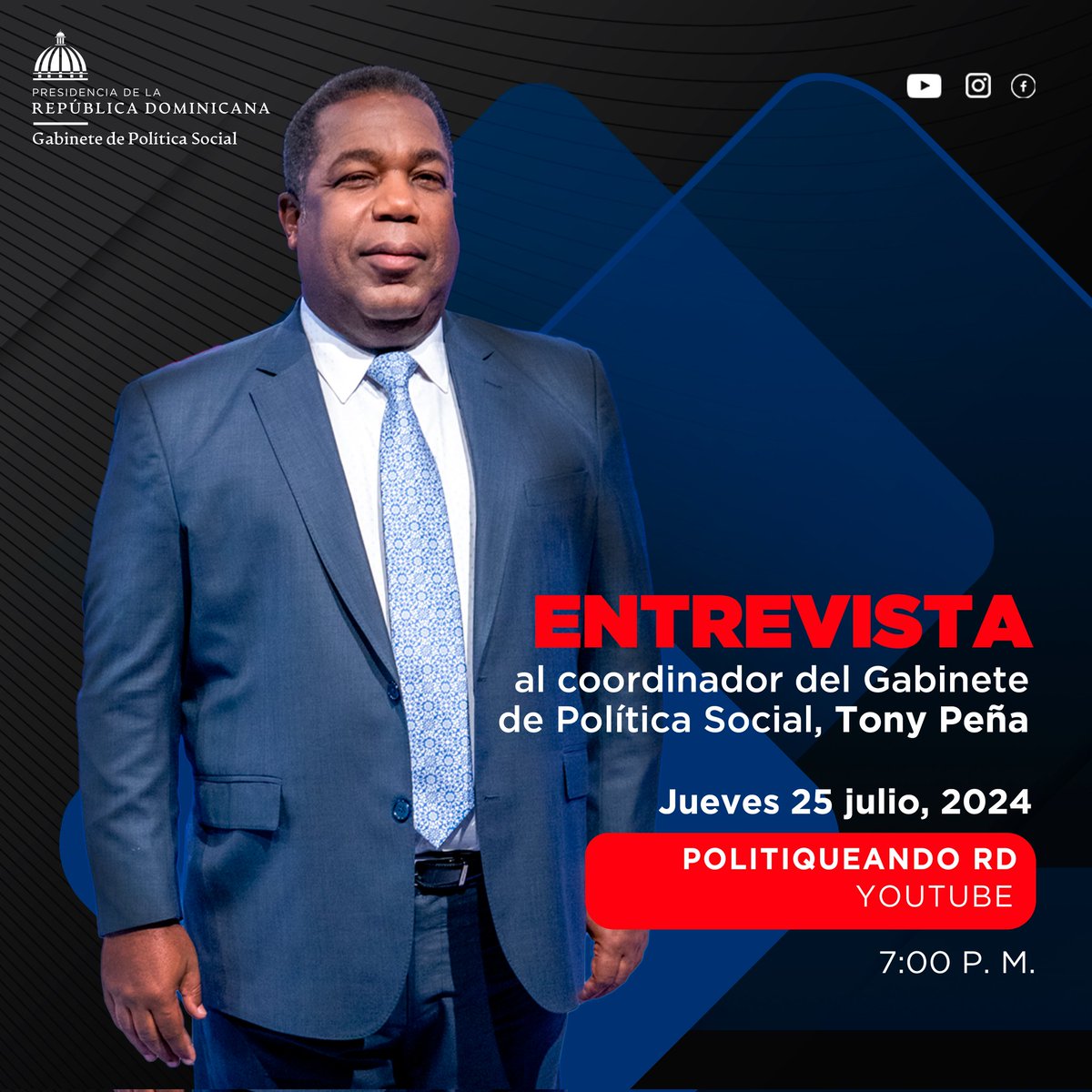 No te pierdas este jueves 25 de julio, a partir de las 7:00 PM mi participación en el programa "Politequeando RD" que se transmite por Youtube donde hablaremos acerca de las actividades e iniciativas que realizamos desde el <a href="/gabsocialrd/">Gabinete de Política Social</a>.