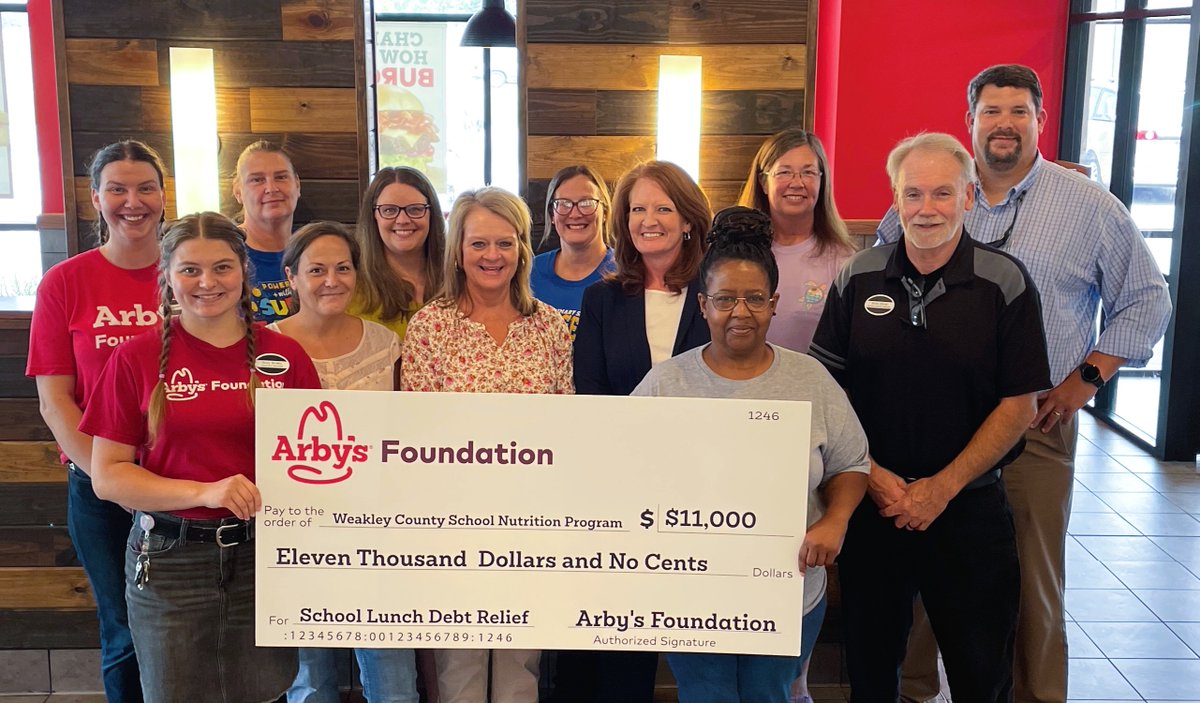 Weakley County Schools (@weakleyschools) on Twitter photo Huge thanks to the <a href="/ArbysFoundation/">Arby's Foundation</a> a generous $11,000 donation to help alleviate student lunch debt in the district. This marks the second consecutive year that the Arby’s Foundation has supported debt accrued by hungry students. Full story here:
weakleycountyschools.com/news/what_s_new Huge thanks to the <a href="/ArbysFoundation/">Arby's Foundation</a> a generous $11,000 donation to help alleviate student lunch debt in the district. This marks the second consecutive year that the Arby’s Foundation has supported debt accrued by hungry students. Full story here:
weakleycountyschools.com/news/what_s_new