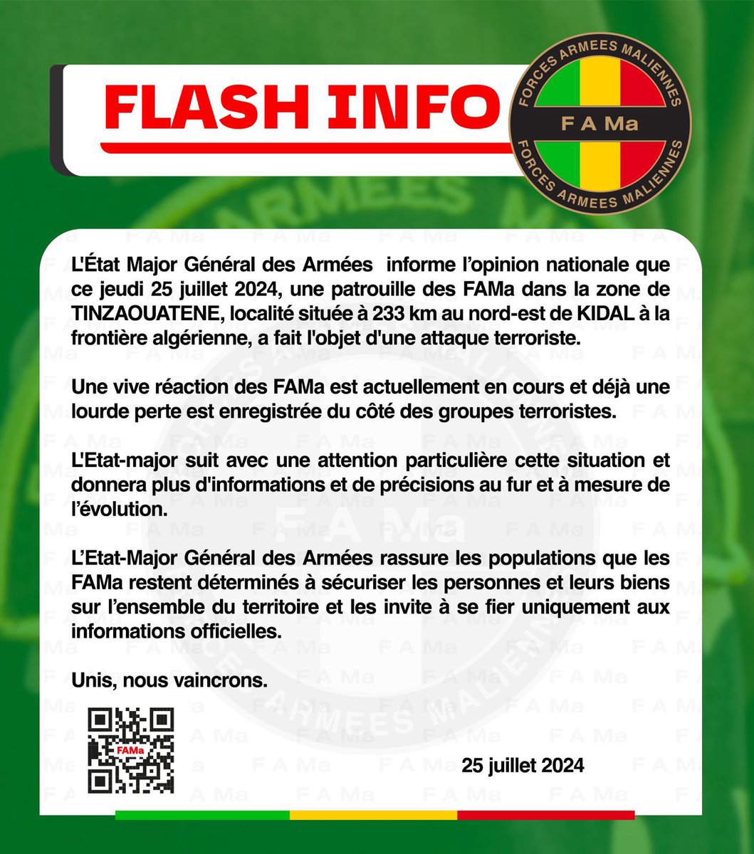 Laccent_'s tweet image. Une patrouille des Forces armées maliennes 🇲🇱 dans la zone de #TINZAOUATENE, localité située à 233 km au nord-est de #KIDAL à la frontière algérienne, a fait l'objet d'une attaque terroriste selon la #DIRPA.