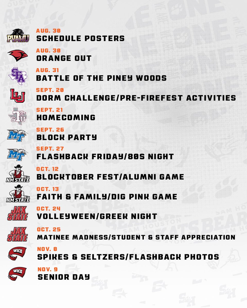 Excited to announce the promotional schedule for the 2024 Bearkat Volleyball Season! 

T-minus 36 days! 

#eatemupkats