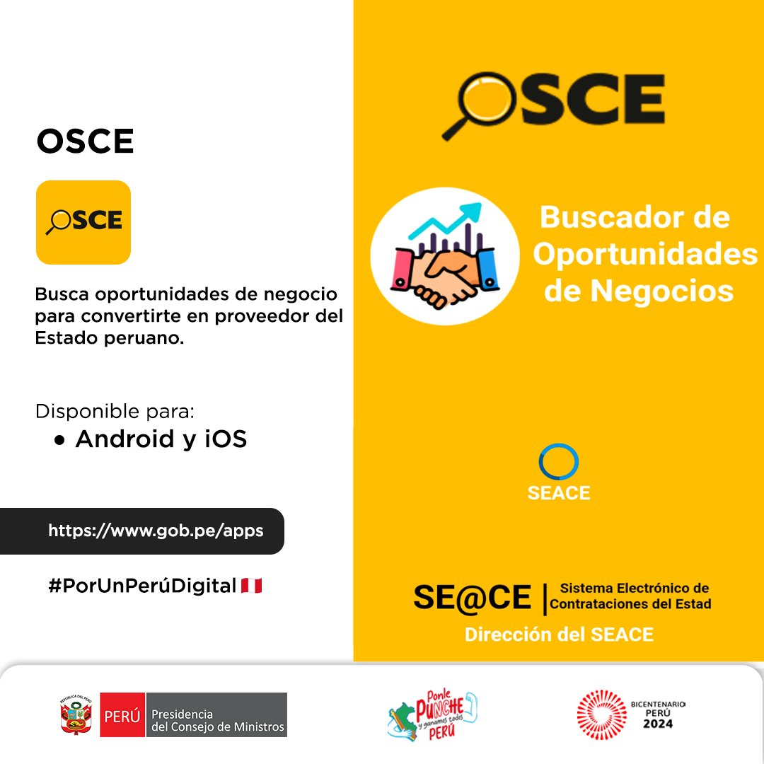 PeruPaisDigital's tweet image. #CatálogodeApps | 👩‍💻Si eres proveedor, accede a las oportunidades de negocio con el Estado mediante la app #OSCE.
👉Disponible para Android y iOS
📲Descárgala del Catálogo Oficial de Aplicativos Móviles gob.pe/66374
#PorUnPerúDigital 🇵🇪 #TransformaciónDigital