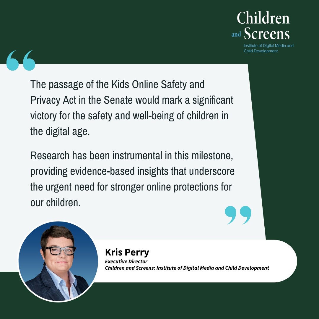 This afternoon, the U.S. Senate agreed to bring the Kids Online Safety and Privacy Act, which contains both #KOSA and #COPPA2, to a floor vote by next Tuesday. #KOSPA  Statement from Executive Director <a href="/kmpperry/">Kris Perry</a>: bit.ly/3YkNAHY