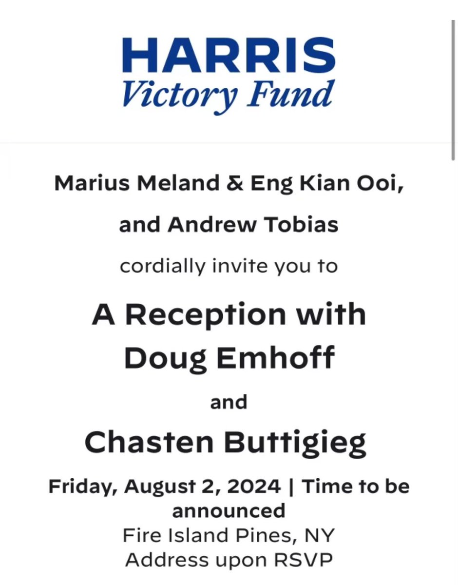As Harris’s running mate search continues, <a href="/DouglasEmhoff/">Doug Emhoff</a> now has a fundraiser scheduled with <a href="/Chasten/">Chasten Glezman Buttigieg</a> Buttigieg in Fire Island next week: