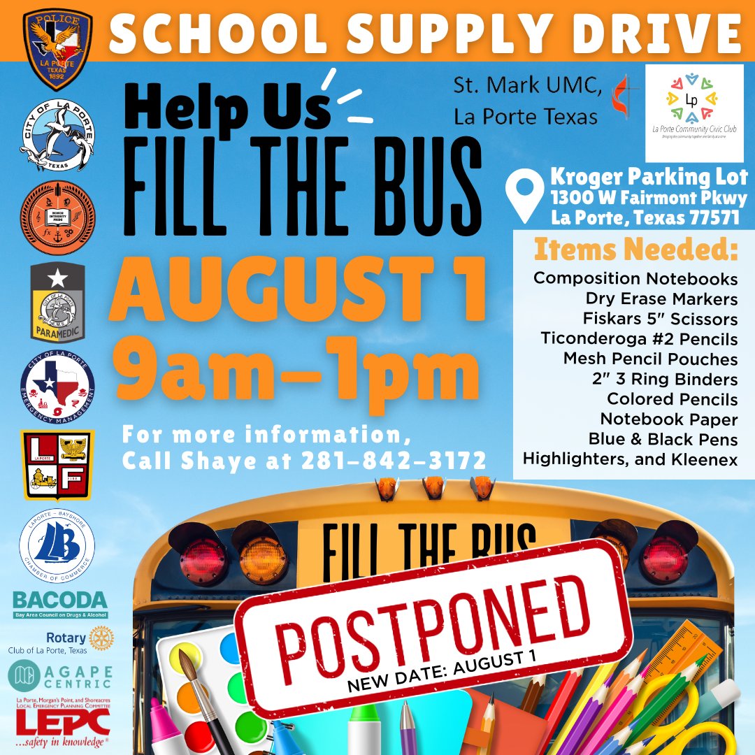 Due to a forecast of inclement weather, Fill-the-Bus is postponed until Thursday, Aug. 1.