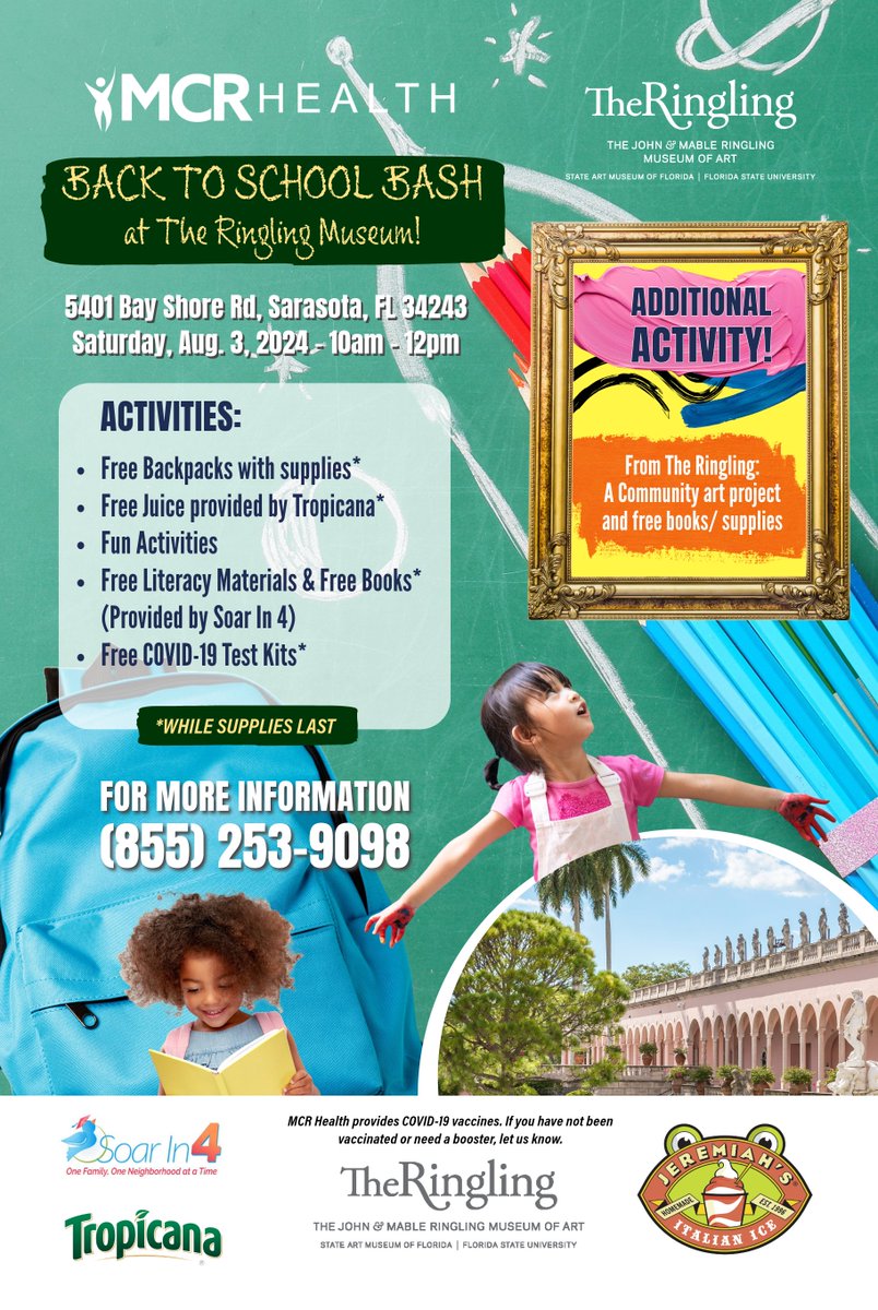 Join Soar in 4 Manatee and their community partners for a "Back to School Bash" at The Ringling on Saturday, August 3, 2024 from 10 a.m. until Noon. The address is 5401 Bay Shore Rd. in Sarasota #ManateeSchoolsGoodNews