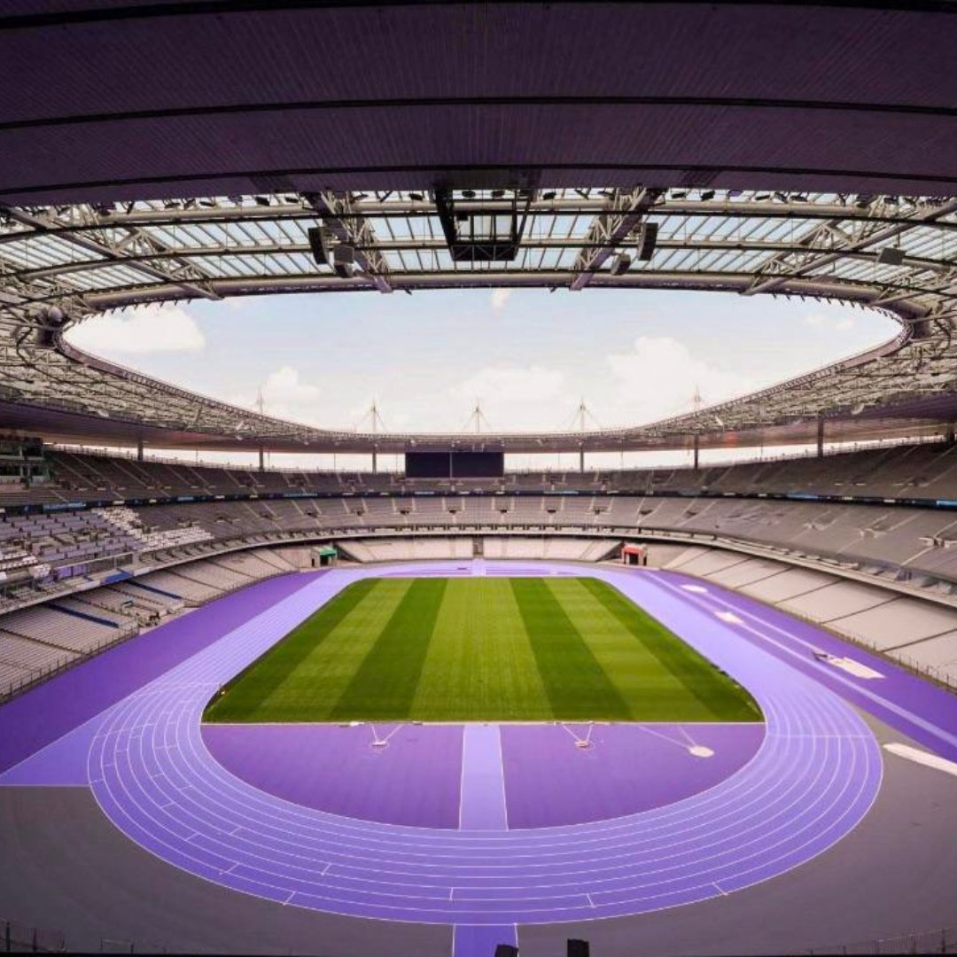 PanCAN's tweet photo. Did you know the athletics track at Stade de France is PURPLE!? 💜 Now we're even more excited for the #Paris2024 Olympics! 🥇 Who's tuning in to the Opening Ceremony tomorrow? 🇺🇸

📷: @Paris2024 https://t.co/t3e6TbE2oq