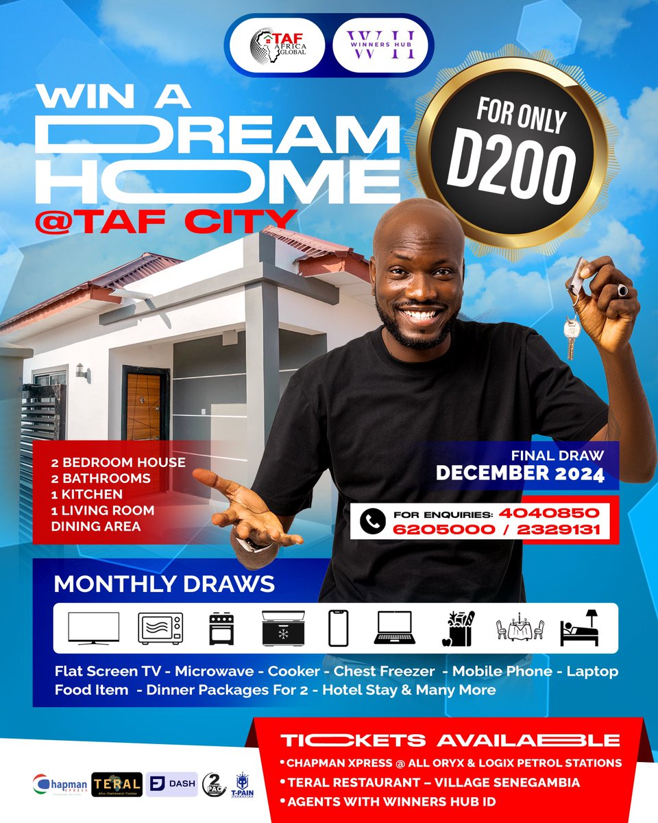 Andy_Kermah's tweet photo. Win a 2 bedroom house at TAF City for just D200!
This unbelievable opportunity is brought to you by @WinnersHubGmb in association with @tafafricaglobal  

Grab your ticket for just D200 and stand the chance to win a stunning new home. You also stand the chance to win amazing monthly prizes! 

Don’t miss out on this opportunity of a lifetime! GOOD LUCK! 🍀 

#tafafricaglobal #winnershubgambia #gambia #winners #dreamhome #winadreamhome