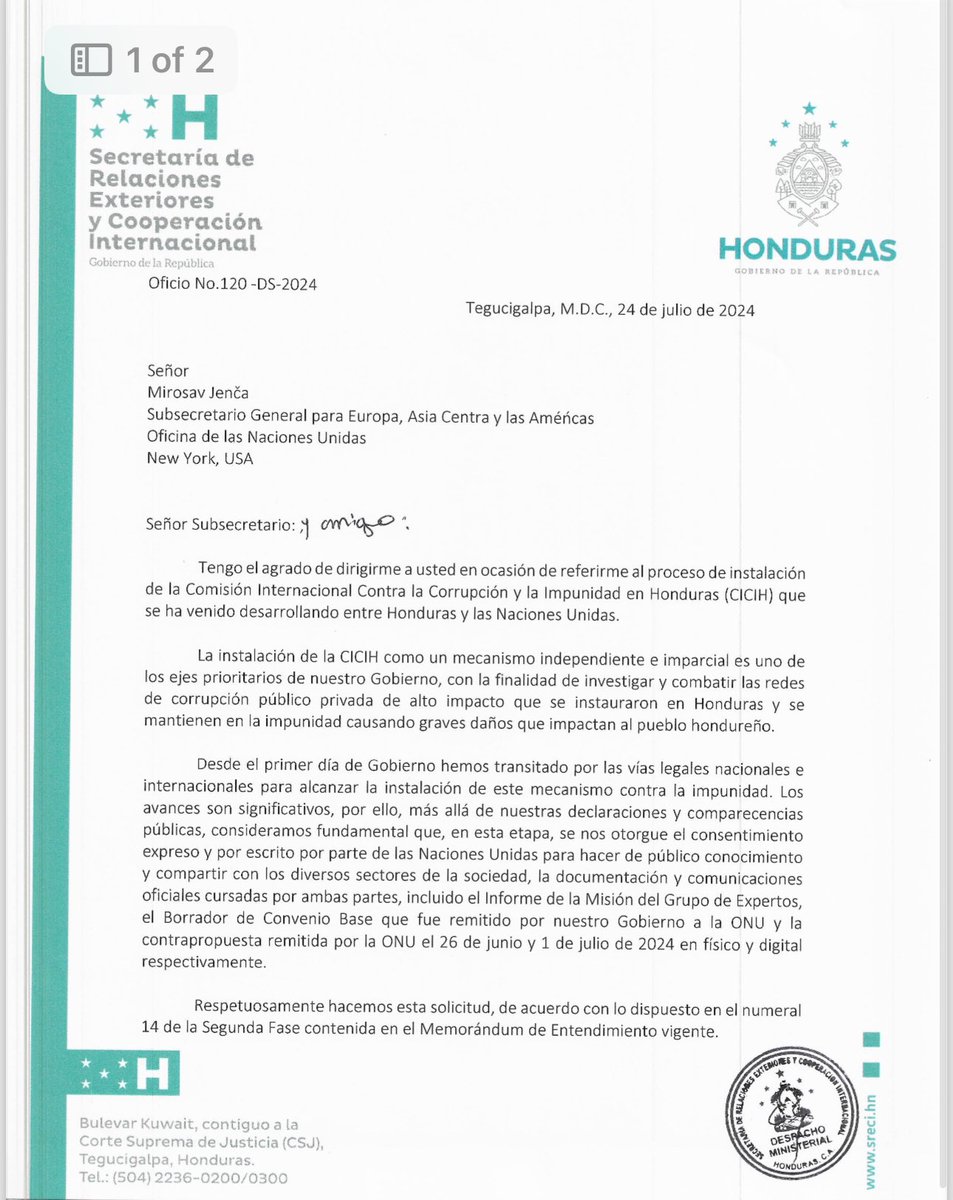 EnriqueReinaHN's tweet photo. Por instrucciones de la Presidenta @XiomaraCastroZ he enviado solicitud al Señor Miroalav Jenča, Secretario General para Europa, Asia Central y las Américas de la ONU, para que se pueda hacer pública la documentación relacionada con la negociación de la implementación de la CICIH, en aras de la transparencia e información al Pueblo Hondureño.