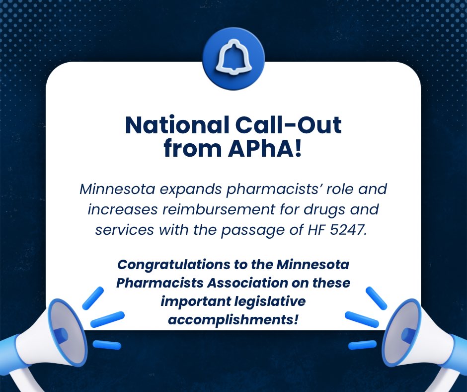 MinnPharmAssoc's tweet photo. MPhA has received national recognition from APhA on our efforts. HF 5247’s passing brought changes to vaccine authority, expanding prescribing of HIV PrEP/PEP, coverage for services and an increase in Medicaid fee-for-service dispensing fee. https://t.co/qZC5MJQors