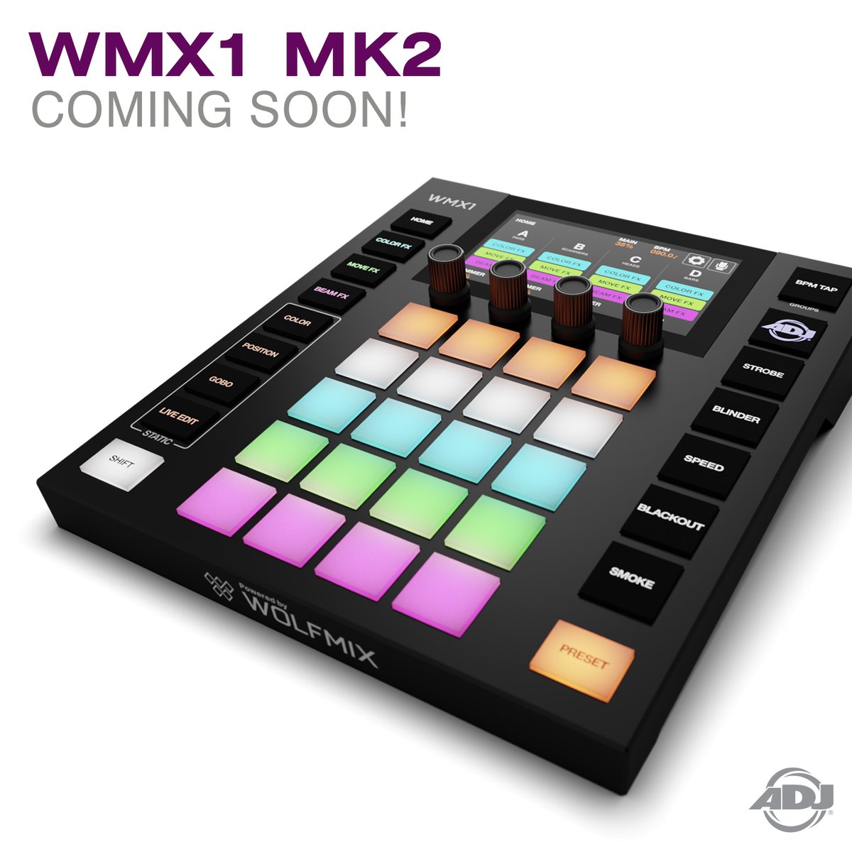 adjlighting's tweet image. WMX1 MK2 standalone DMX controller arrives in August. Upgrades include larger encoder caps, MIDI triggering, and an added USB-A socket for MIDI controller or memory stick. adj.com/wmx1-mk2    #adjlighting #wmx1mk2 #lightingcontroller