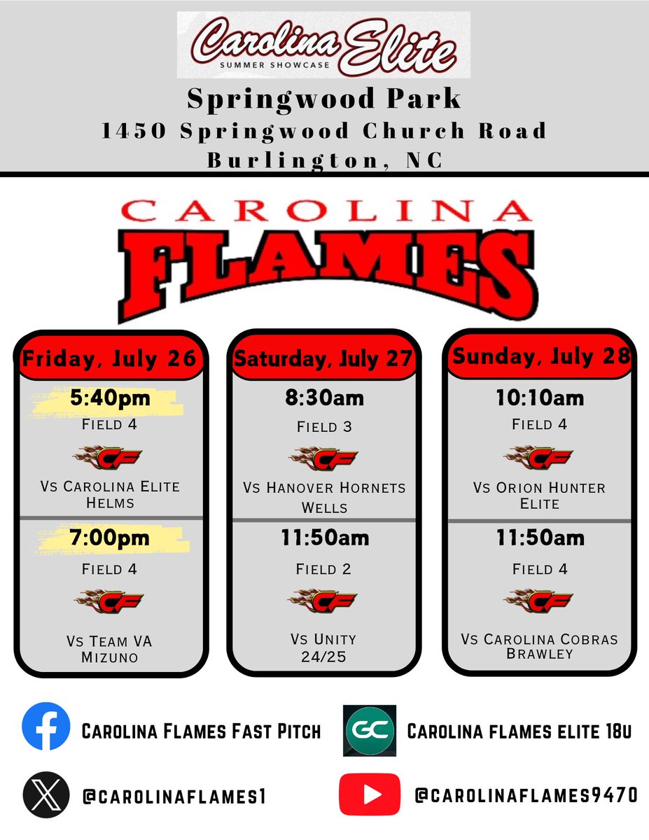 carolinaflames1's tweet photo. With rain in the forecast, we have a slight time change for our games tomorrow. Here is the updated schedule! https://t.co/wtxss7vOys