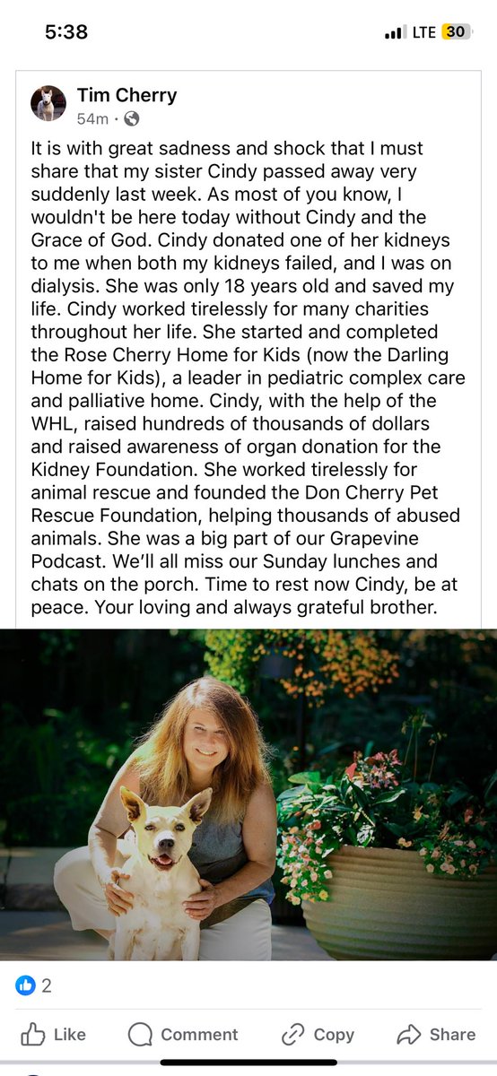 #RIP Cindy Cherry whose unexpected death has shocked her family/friends. She was a wonderful person just like her dad Don, brother Tim, son Del and late mom Rose. Class. The Cherry’s are a charitable family who raised millions for many causes including pet rescue. Terrible news