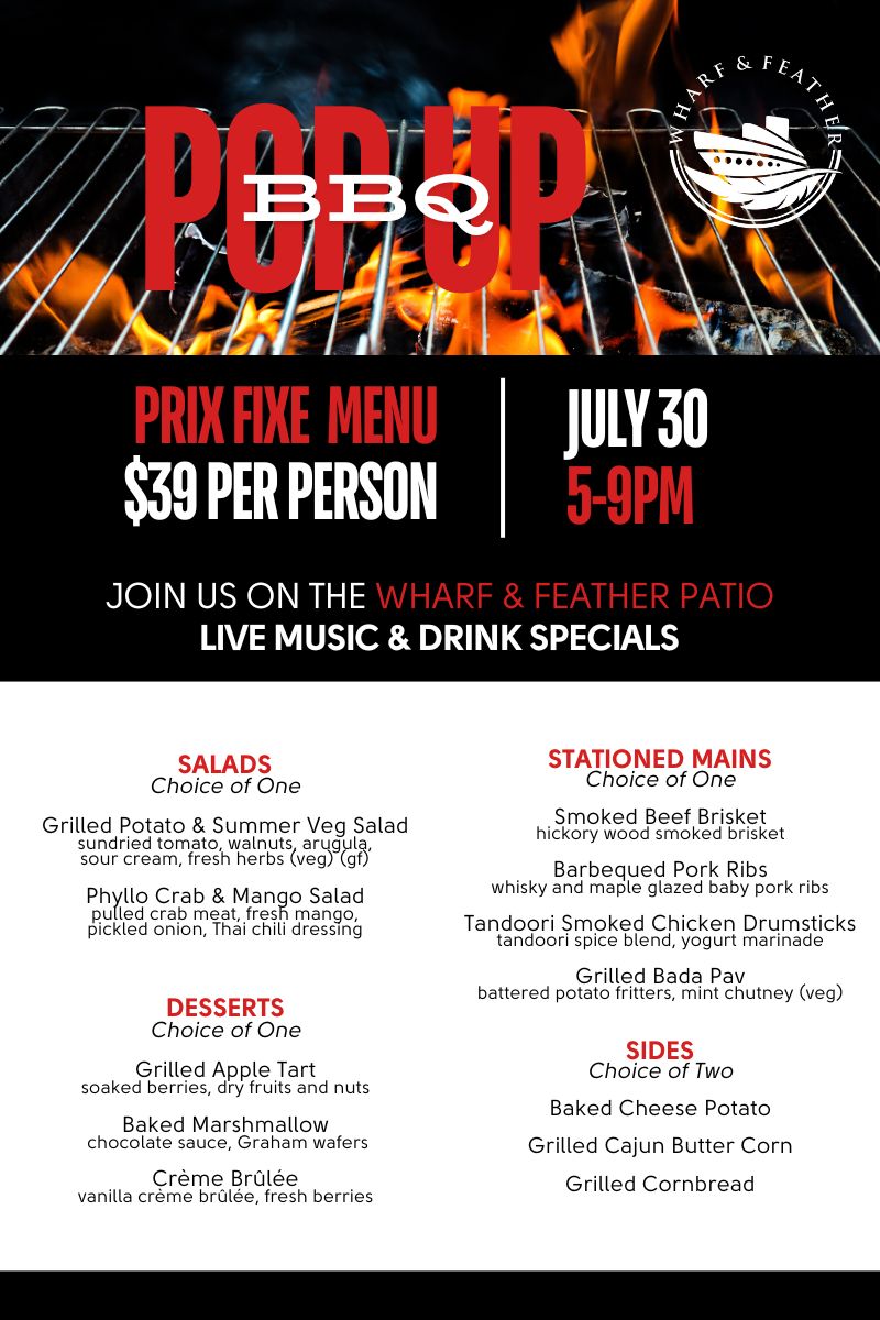 Join us on the Wharf &amp; Feather patio for our Pop-Up BBQ Night, on Tues, July 30, from 5 to 9 pm including live music and drink specials! Reserve now at wharfandfeather.com. #wharfandfeather #wharfandfeatherkingston #visitkingston #ygkeats #ygkfood #popupbbq #bbqlife #primerib
