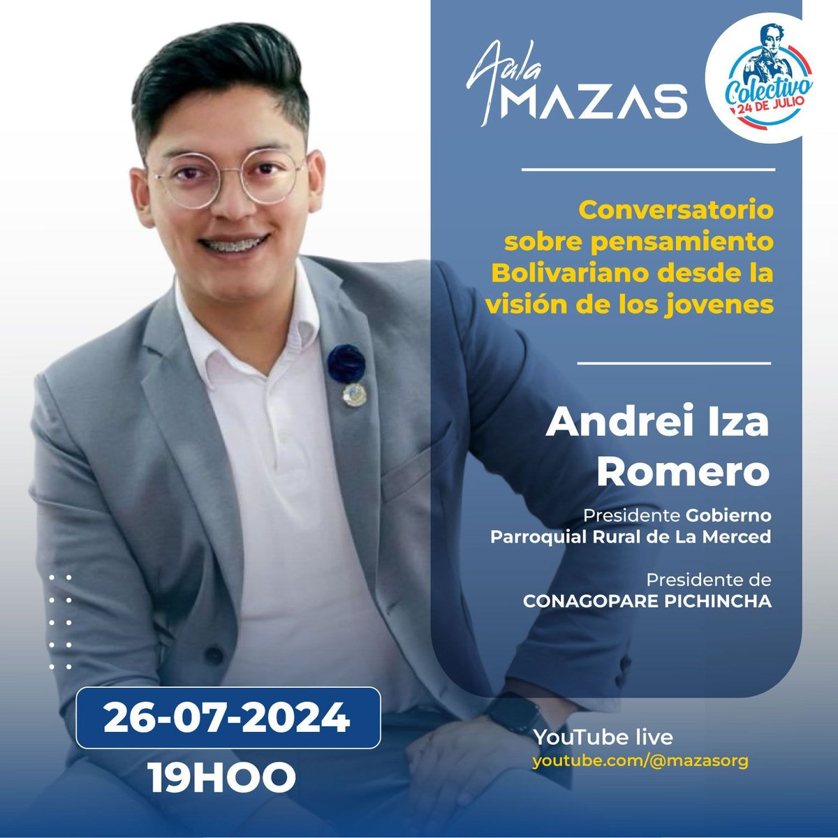 mazasorg's tweet photo. Nos unimos a las Jornadas Libertarias junto al @colectivo24j 
Te invitamos a participar en el conversatorio de Aula MAZAS junto a @IzaAndrei quién compartirá su visión sobre el Pensamiento Bolivariano desde la perspectiva de los jóvenes.
Te esperamos
#SomosMAZAS https://t.co/T97KRR1m0Q