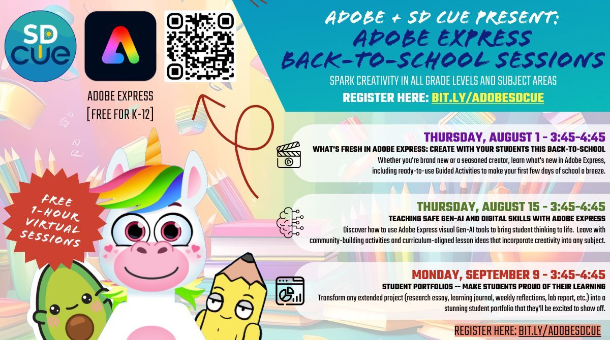 San Diego CUE (@sandiego_cue) on Twitter photo .<a href="/Adobe/">Adobe</a> and SD CUE present: Adobe Express Back-to-School Sessions. Register now for these free 1-hour sessions for K-12 educators.
Bit.ly/adobesdcue
#FutureOfLearning #EdTech #SDCUE2024 #CUEmmunity <a href="/CUEinc/">CUE</a>
<a href="/JacksonEdTech/">Jackson Shaad</a>, <a href="/AdobeForEdu/">Adobe For Education</a>, #AdobeEduCreative #AdobeExpress .<a href="/Adobe/">Adobe</a> and SD CUE present: Adobe Express Back-to-School Sessions. Register now for these free 1-hour sessions for K-12 educators.
Bit.ly/adobesdcue
#FutureOfLearning #EdTech #SDCUE2024 #CUEmmunity <a href="/CUEinc/">CUE</a>
<a href="/JacksonEdTech/">Jackson Shaad</a>, <a href="/AdobeForEdu/">Adobe For Education</a>, #AdobeEduCreative #AdobeExpress