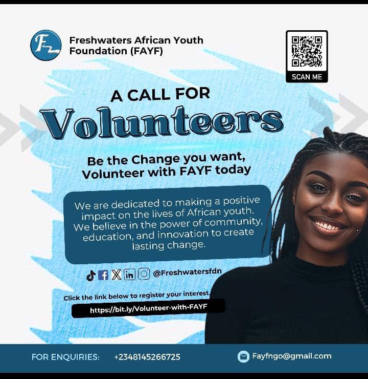 Freshwatersfdn's tweet photo. Are you passionate about humanitarian services and making a huge positive impact in Africa?
Join us at Freshwaters African Youth Foundation to provide capacity building and empowerment for at least 5000 Vulnerable African youths amongst other life impacting projects. https://t.co/uRp5UE4UGP