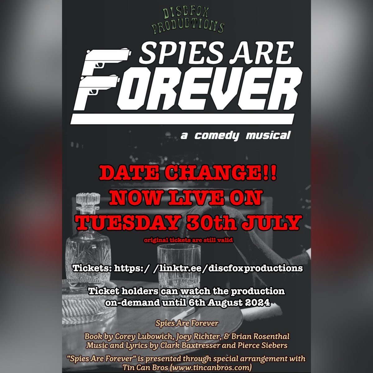 discfoxprod's tweet photo. IMPORTANT ANNOUNCEMENT

#musical #musicaltheatre #spiesareforever #tincanbros #production #tellthemitsgay #discfoxproductions https://t.co/qoyH3r7Yca