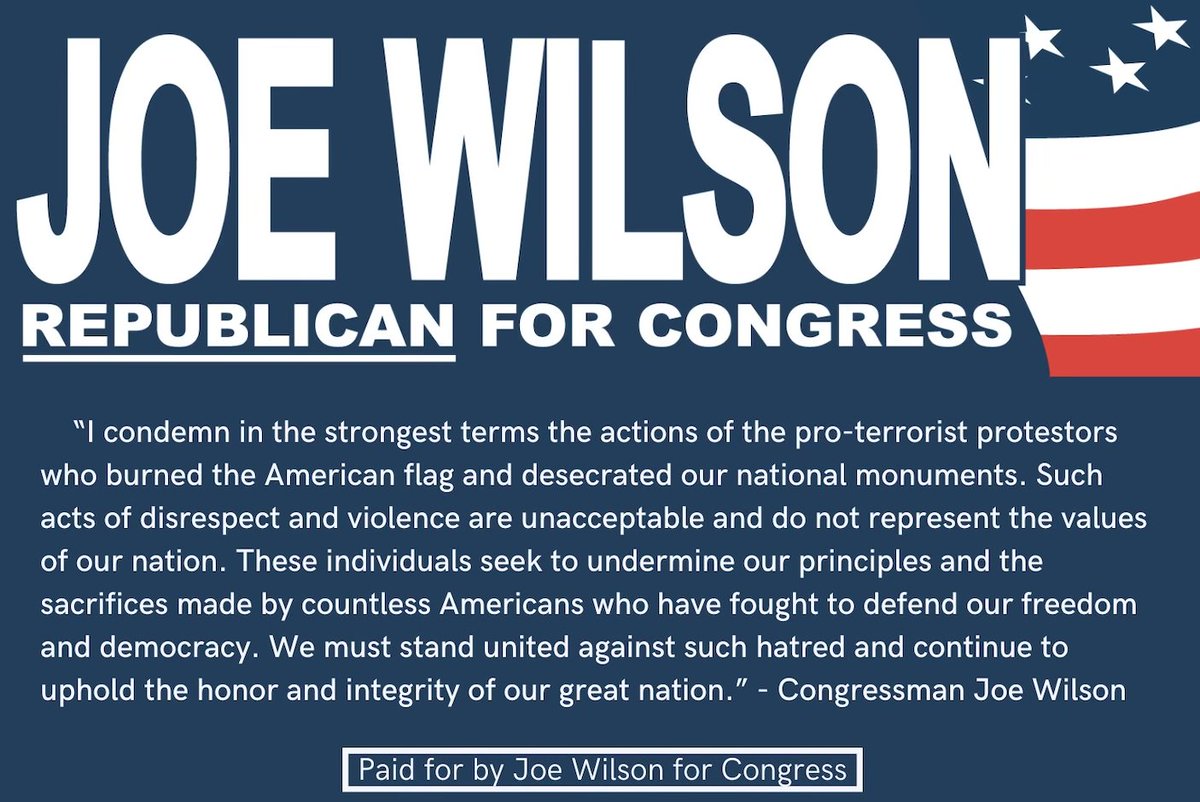 Joe Wilson for Congress (@teamjoewilson) on Twitter photo I condemn in the strongest terms the actions of the pro-terrorist protestors who burned the American flag and desecrated our national monuments. Such acts of disrespect and violence are unacceptable and do not represent the values of our nation. I condemn in the strongest terms the actions of the pro-terrorist protestors who burned the American flag and desecrated our national monuments. Such acts of disrespect and violence are unacceptable and do not represent the values of our nation.