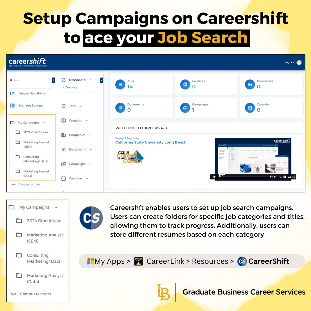 🚀 Ready to supercharge your job search?

Take control of your job search journey and maximize your opportunities! Access CareerShift by logging into your SSO > CareerLink > Resources > CareerShift 🚀   

#csulbGBCS #CareerShift #JobSearch #CSULB #CareerAdvancement