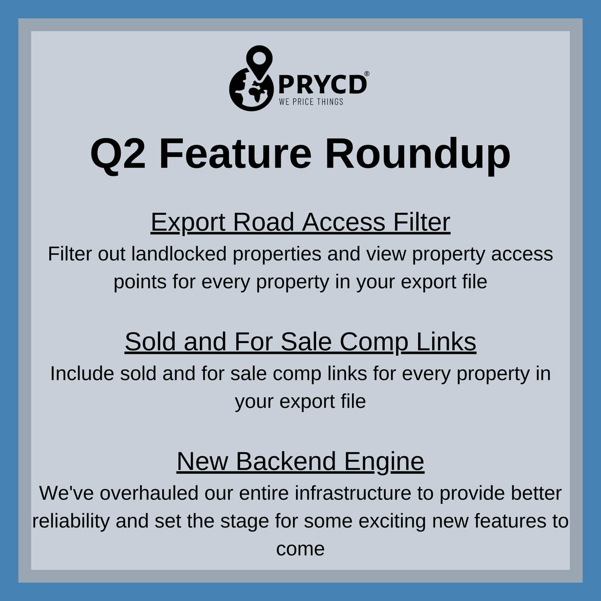 prycdteam's tweet photo. With 2024 halfway done, we wanted to take a moment to recap some of the exciting new features we've launched recently! Please see below for details:

Learn more about PRYCD by visiting our site - https://t.co/34AqhJpjcr⁠
⁠
#realestate #landflipping #flipland #land #buyland https://t.co/wUSQdDMl8m