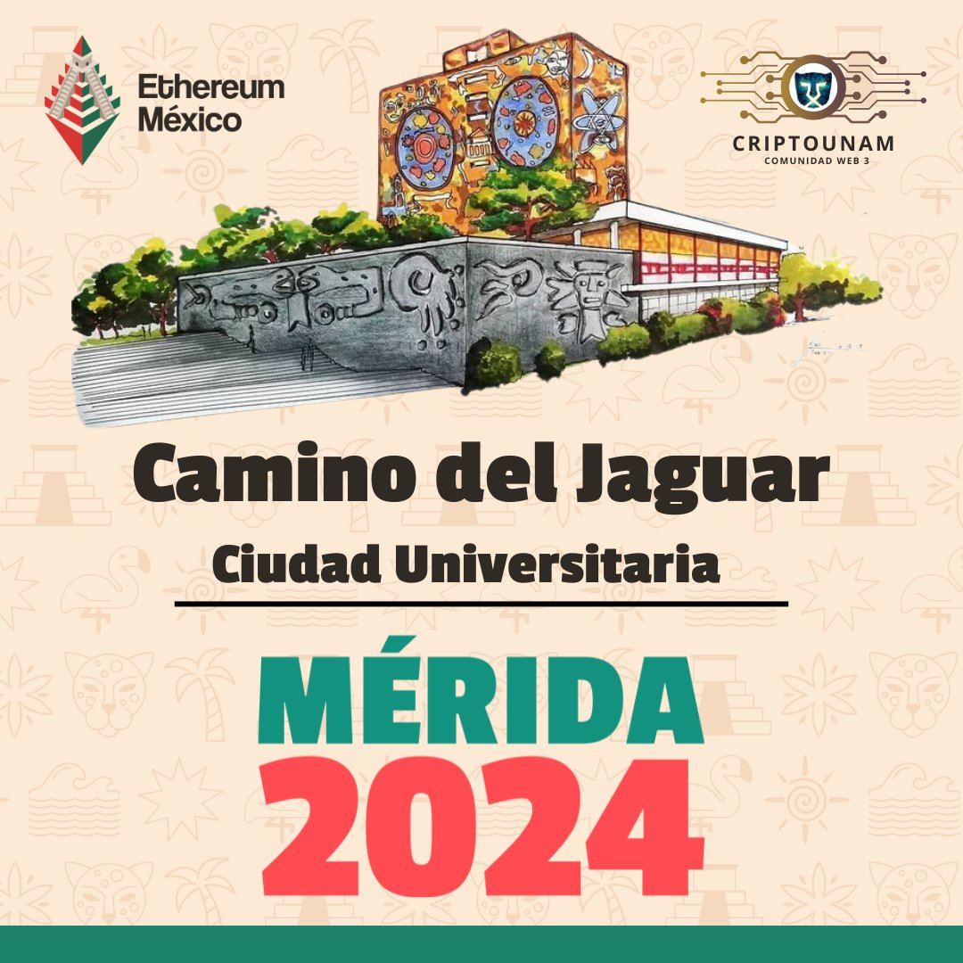 CriptoUNAM (@cripto_unam) on Twitter photo Próximamente! 🚀 Únete a nosotros en el Camino del Jaguar en Ciudad Universitaria, Rumbo a Mérida 2024. Descubre lo último del ecosistema Ethereum junto con <a href="/ethereum_mexico/">Ethereum Mexico 🇲🇽</a> y <a href="/Cripto_UNAM/">CriptoUNAM</a> 🌐✨
🎟️ Consigue tus boletos de ETH Mérida en 📷 ethmexico.org Próximamente! 🚀 Únete a nosotros en el Camino del Jaguar en Ciudad Universitaria, Rumbo a Mérida 2024. Descubre lo último del ecosistema Ethereum junto con <a href="/ethereum_mexico/">Ethereum Mexico 🇲🇽</a> y <a href="/Cripto_UNAM/">CriptoUNAM</a> 🌐✨
🎟️ Consigue tus boletos de ETH Mérida en 📷 ethmexico.org