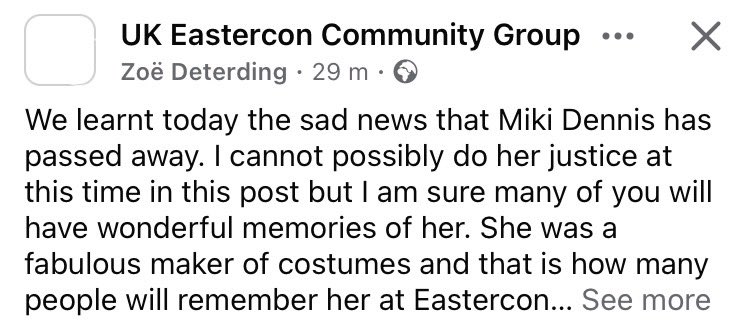 It is with a heavy heart that we must regrettably announce the sad passing of Miki Dennis. She was a wonderful person who welcomed this tweet author into the community when she was newly arrived. A member of many communities who will also undoubtedly mourn her.