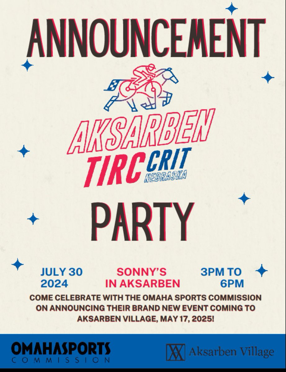 TCriterium's tweet photo. Big news !

Next year we will have a national class criterium in Aksarben thanks to Omaha Sports Commission!

 Come to the announcement party next Tuesday for details https://t.co/nRW1Hhk0YJ