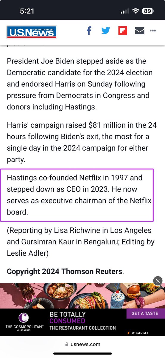 nicoledonovan's tweet photo. @REALLYrel23 I’m pretty sure that being the Executive Chairman of the Netflix board means he’s still associated with the company. https://t.co/yWjgh31JSm
