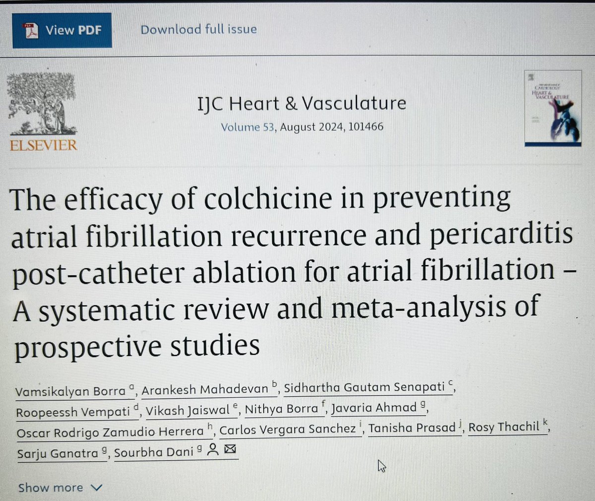 BorraVamsireddy's tweet photo. Exicited to share our new article “The efficacy of colchicine in preventing atrial fibrillation recurrence and pericarditis post-catheter ablation for atrial fibrillation – A systematic review and meta-analysis of prospective studies” https://t.co/u1pVDN2uLq https://t.co/BENCLGJkbV