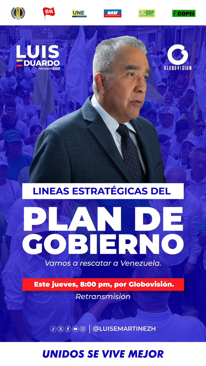 Luisemartinezh's tweet photo. Líneas estratégicas del Plan de Gobierno 🇻🇪

Esta noche, retransmitiremos al país las principales propuestas con que aspiramos recuperar a #Venezuela.

Economía, temas sociales, servicios públicos, educación, salud, seguridad y otros muchos aspectos importantes.

Invito a todos a sintonizarlo por @globovision.
