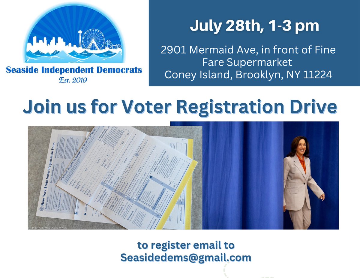 Join us this coming Sunday, July 28th, for voters registration drive. 1-3pm in front of Fine Fare Supermarket 2901 Mermaid Ave.