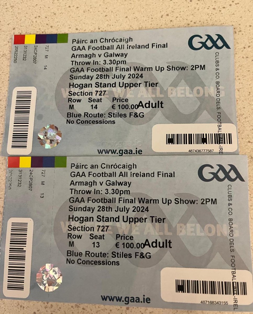 These are the #AllIreland final tickets that are up for grabs in our raffle. Just over 24 hours left to enter <a href="/Galway_GAA/">Galway GAA Official</a> <a href="/Armagh_GAA/">Armagh_GAA</a> <a href="/CorofinGAA/">Corofin.GAA</a>
<a href="/crossrangers/">Crossmaglen Rangers</a> <a href="/GortGAA/">Gort GAA Club H91 VFK4</a> <a href="/GAAMareeOran/">Oranmore-Maree GAA</a>  idonate.ie/raffle/2Senior…