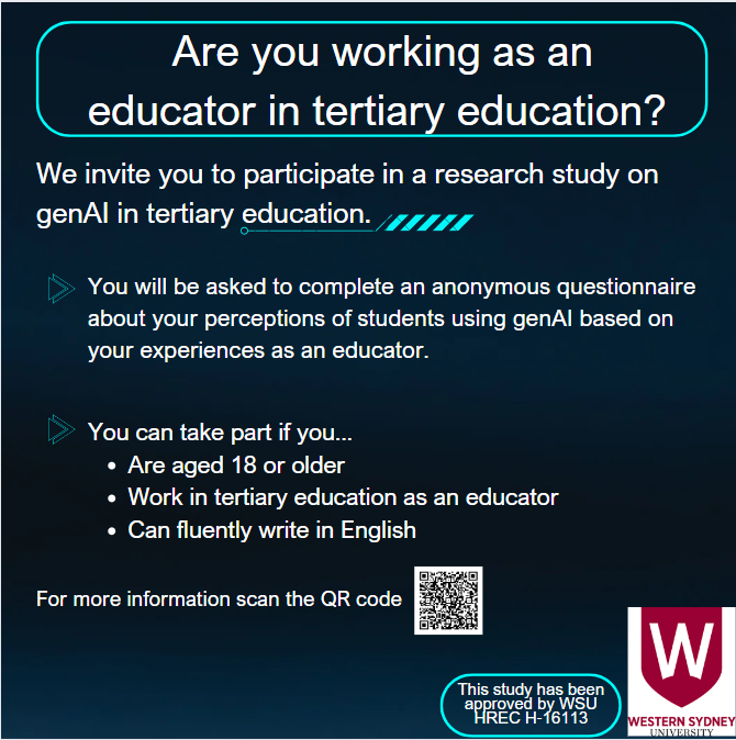 nataliegwall's tweet photo. 🚨 New research study🚨

We're recruiting tertiary educators who reside any where in the world to understand the perceptions of genAI use in tertiary education via a brief anon questionnaire.  See study info to participate or for more details: https://t.co/RaB1BQwxLU

#ChatGPT https://t.co/qa3pU6bSaP