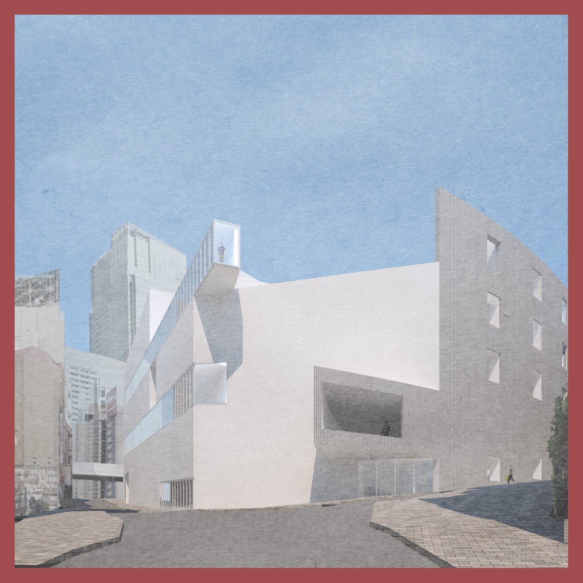 線を引く
平上 侑里

建築の内外を等価に扱い、知覚や認知の作用を用いて見慣れた都市を変化させる。
都市と建物を貫く線が建物の輪郭を溶かし、空間が立ち現れては消える。
線は離れた空間を結びつけ、錯視を起こし、空間を相対化する。