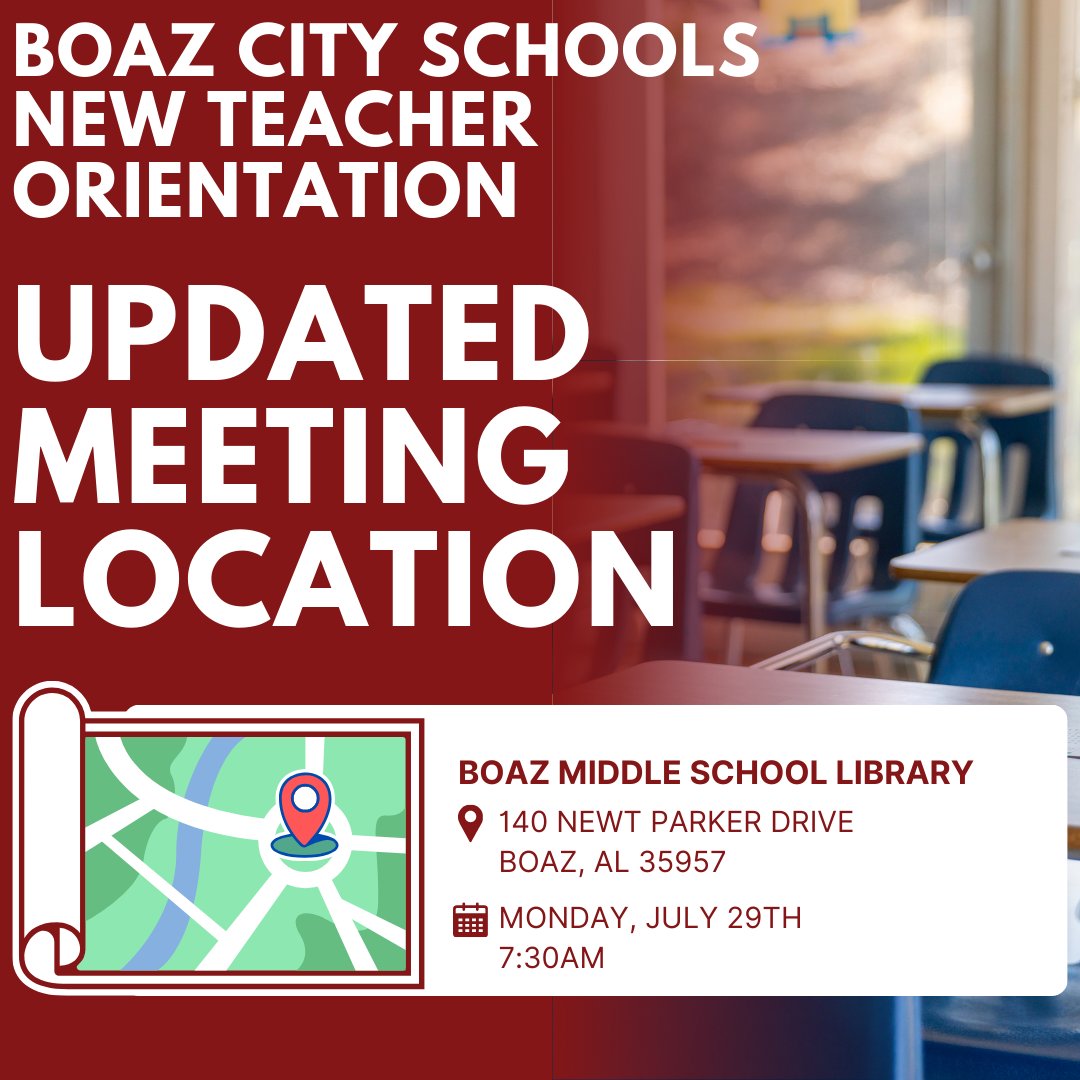 📢 Important Update! 📢

The location for New Teacher Orientation on July 29th has been changed to the Boaz Middle School Library.

We look forward to welcoming our new teachers there! 📚