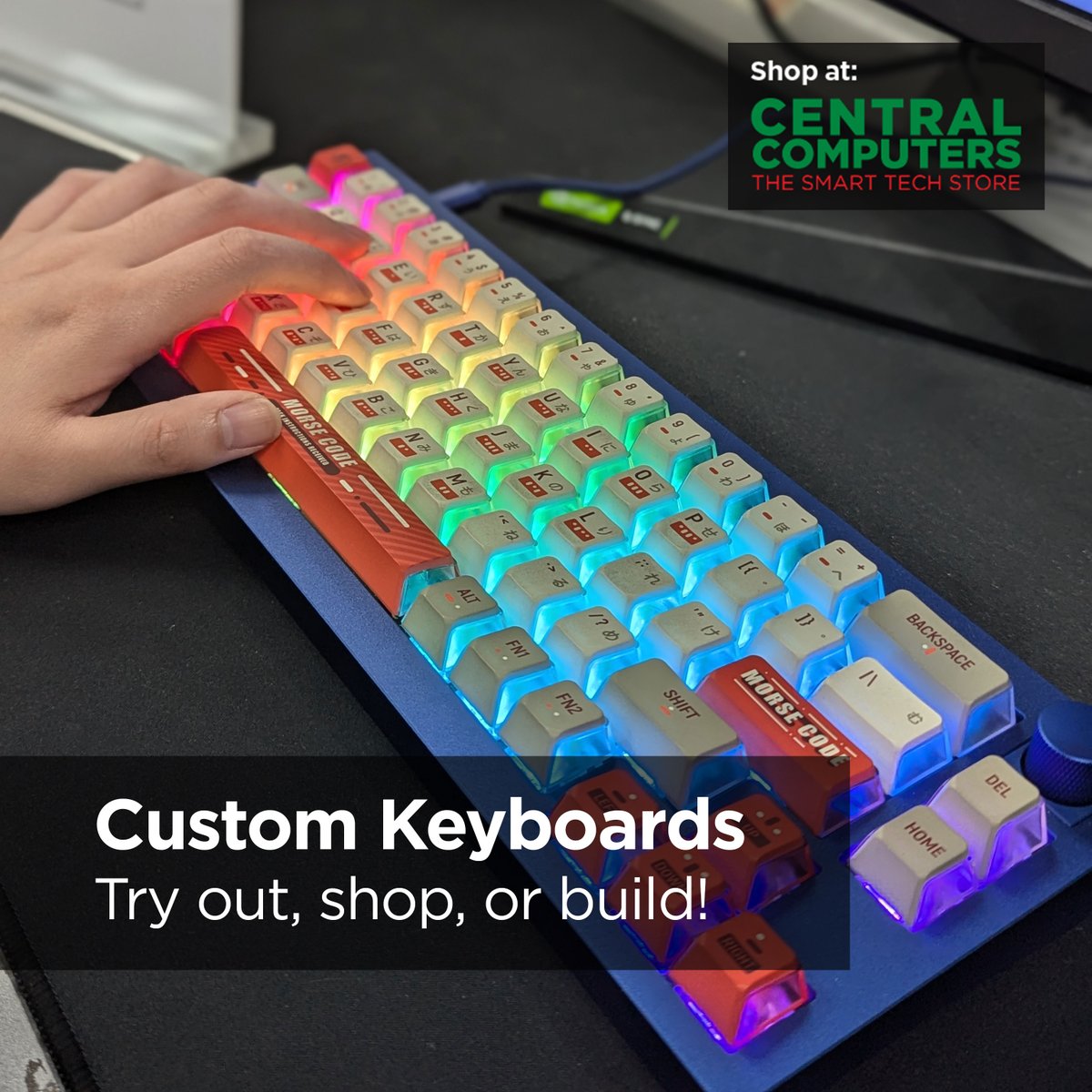centralcomputer's tweet image. Discover our custom-built keyboards, crafted by our expert staff! Or design your own and test them out in-store to find your perfect match. ⌨️✨ 

#CustomKeyboards #TechGear #TryItOut